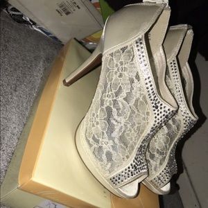 White lace bootie heels